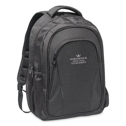 Rucsac pentru laptop negru din nylon cu textura subtila si logo brodat northstick open golf tournament pe panoul frontal