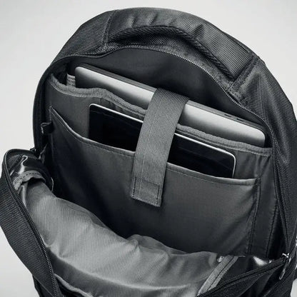 Rucsac pentru laptop negru din nylon texturat cu compartimente captusite si captuseala interioara gri