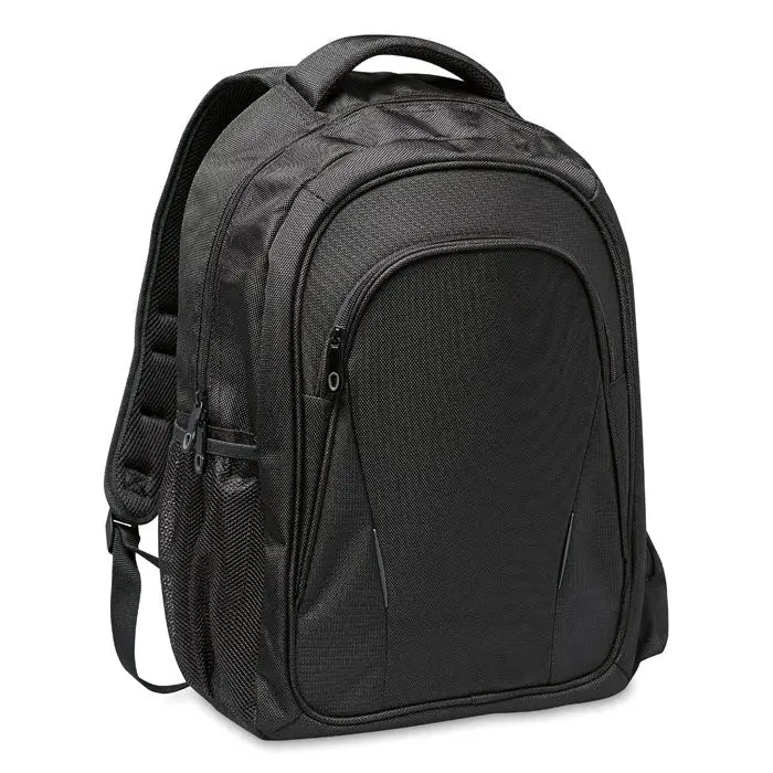 Rucsac pentru laptop din nylon negru texturat cu cusături întărite și multiple compartimente cu fermoar