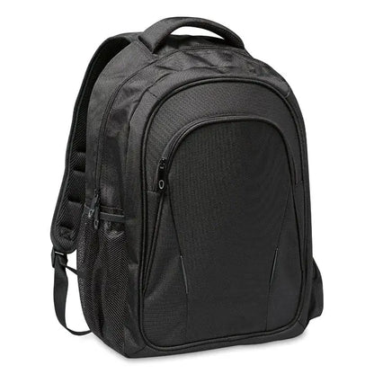 Rucsac pentru laptop din nylon negru texturat cu cusături întărite și multiple compartimente cu fermoar