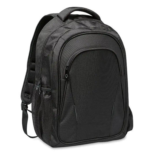 Rucsac pentru laptop din nylon negru texturat cu cusături întărite și multiple compartimente cu fermoar