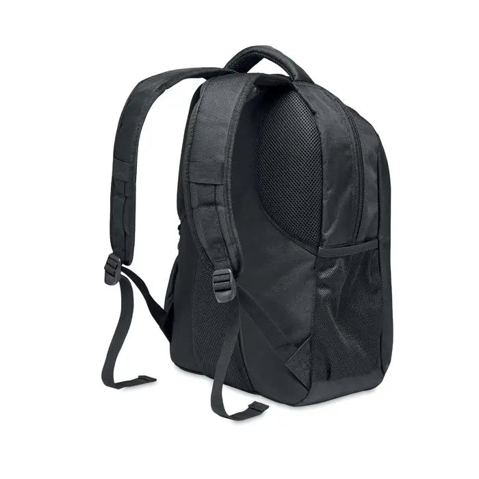 Rucsac pentru laptop negru cu spate din plasă, bretele reglabile și buzunare laterale