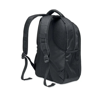 Rucsac pentru laptop negru cu spate din plasă, bretele reglabile și buzunare laterale