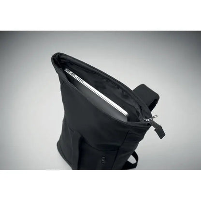 Rucsac pentru laptop rolltop de 15 inchi negru din nylon cu design minimalist si bretea ajustabila pentru umar