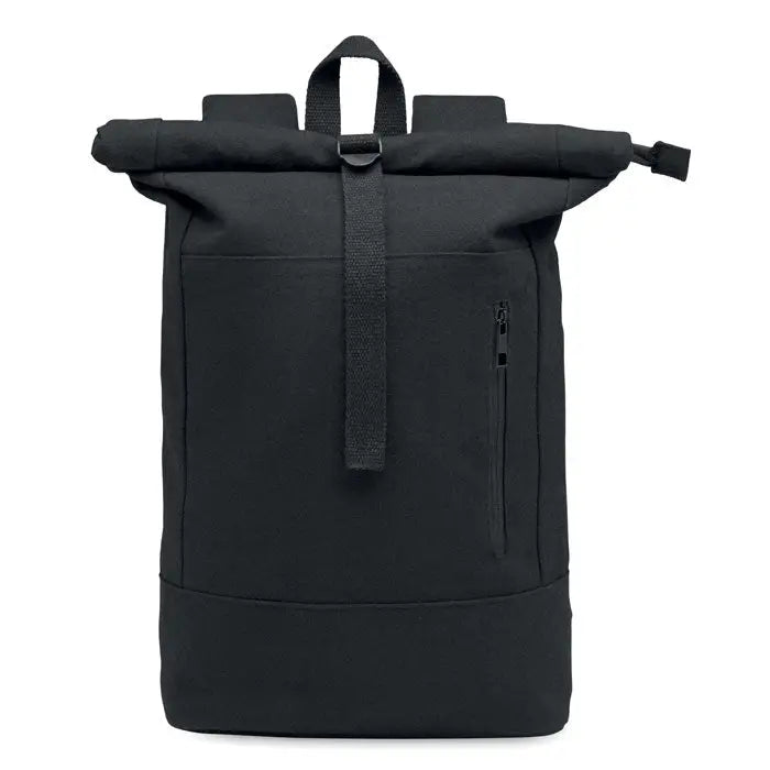 Rucsac pentru laptop rolltop de 15 inchi din pânză neagră cu design minimalist și detaliu subtil cu fermoar