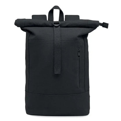 Rucsac pentru laptop rolltop de 15 inchi din pânză neagră cu design minimalist și detaliu subtil cu fermoar