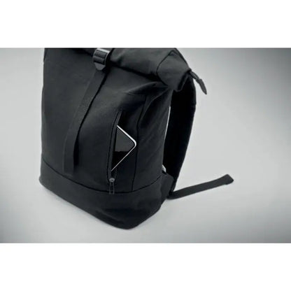 Rucsac pentru laptop rolltop de 15 inchi negru din pânză cu design minimalist și bretele reglabile