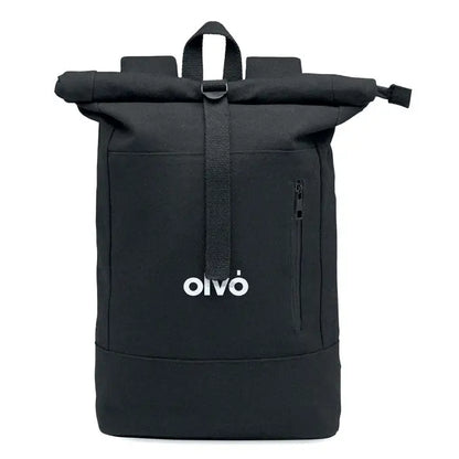 Rucsac pentru laptop rolltop de 15 inchi negru cu design minimalist si logo olivò alb