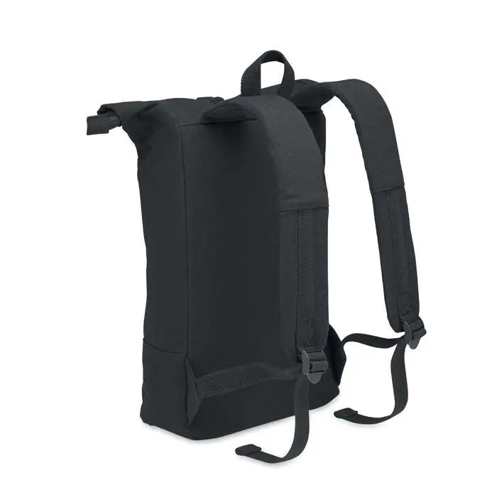 Rucsac pentru laptop rolltop de 15 inchi negru din canvas cu bretele reglabile si inchidere tip roll-top