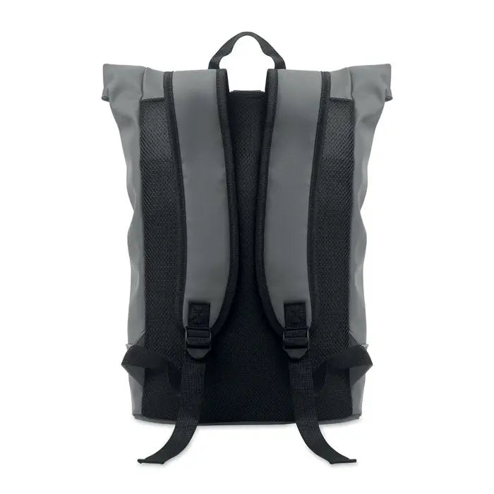 Rucsac pu pentru laptop de 15 inchi gri cu panouri si bretele negre din plasa vazut din spate