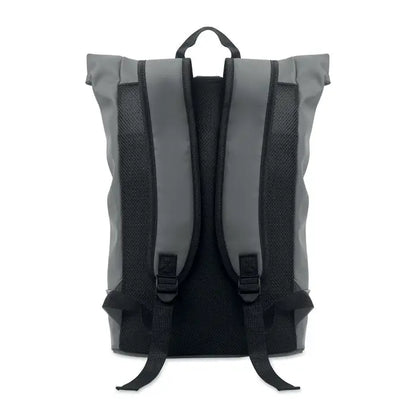 Rucsac pu pentru laptop de 15 inchi gri cu panouri si bretele negre din plasa vazut din spate