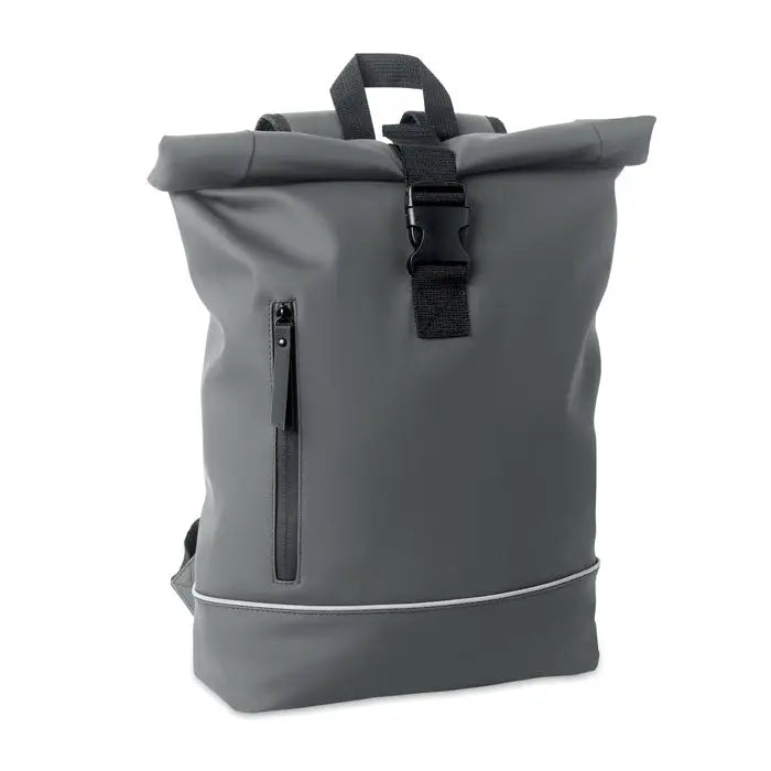 Rucsac pu pentru laptop de 15 inchi gri cu clapeta rotativa, curele negre si buzunar frontal cu fermoar