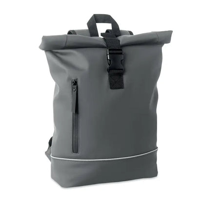 Rucsac pu pentru laptop de 15 inchi gri cu clapeta rotativa, curele negre si buzunar frontal cu fermoar