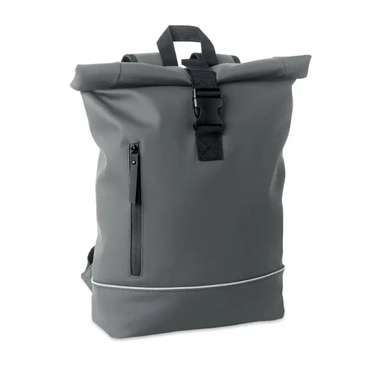 Rucsac pu pentru laptop de 15 inchi gri cu clapeta rotativa, curele negre si buzunar frontal cu fermoar