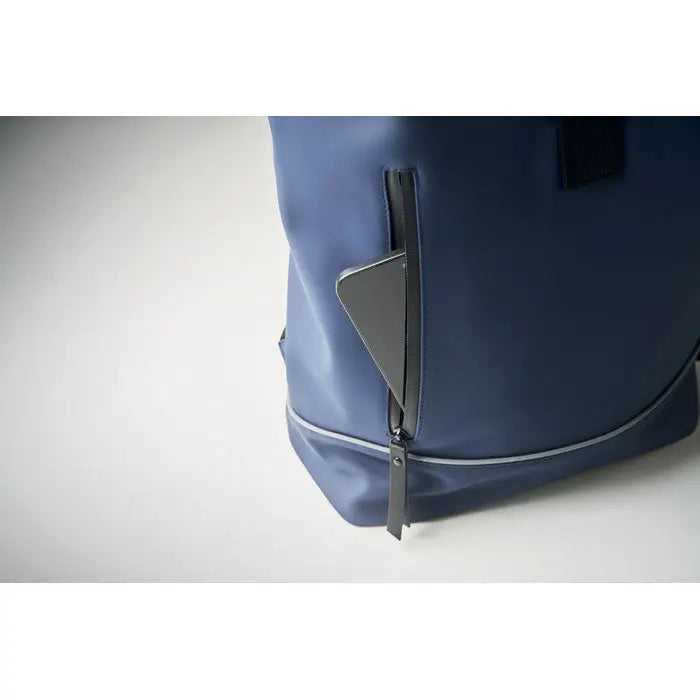 Rucsac pu pentru laptop de 15 inchi din nylon albastru cu design minimalist si fermoar negru contrastant