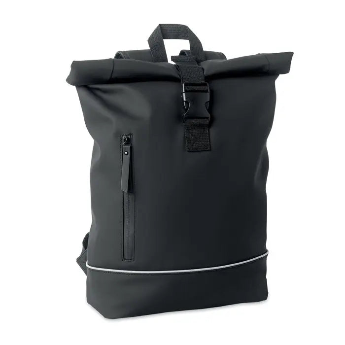 Rucsac pu pentru laptop de 15 inchi negru cu design minimalist si bordura alba subtire la marginea inferioara