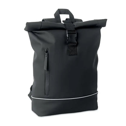 Rucsac pu pentru laptop de 15 inchi negru cu design minimalist si bordura alba subtire la marginea inferioara