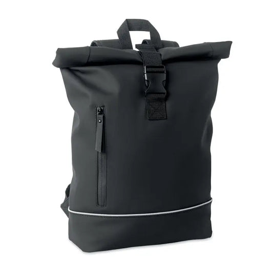Rucsac pu pentru laptop de 15 inchi negru cu design minimalist si bordura alba subtire la marginea inferioara