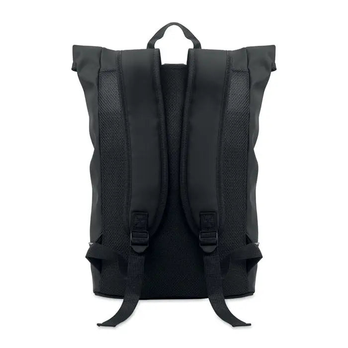 Rucsac pu pentru laptop de 15 inchi negru cu panouri de plasa si bretele reglabile aratat din spate