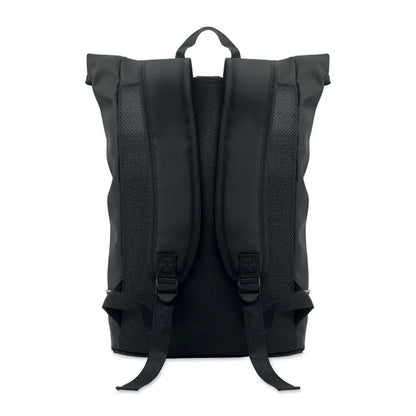 Rucsac pu pentru laptop de 15 inchi negru cu panouri de plasa si bretele reglabile aratat din spate