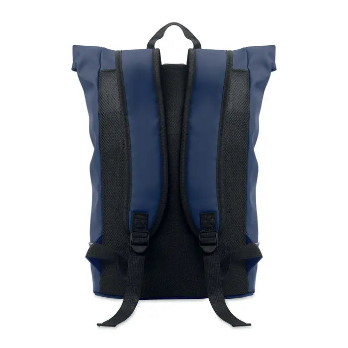 Rucsac pu pentru laptop de 15 inchi albastru navy cu panouri laterale din plasă neagră și bretele reglabile