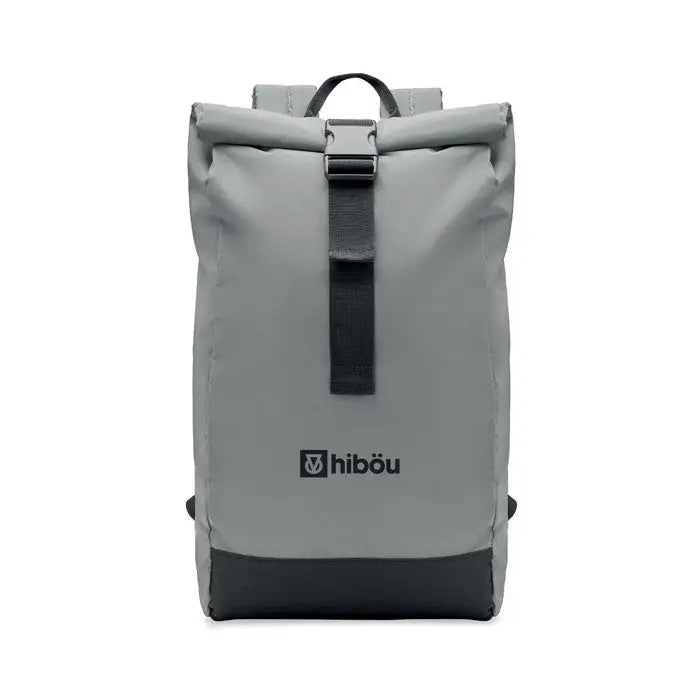 Rucsac reflectorizant rolltop gri cu baza si bretele negre, design minimalist si logo hibou