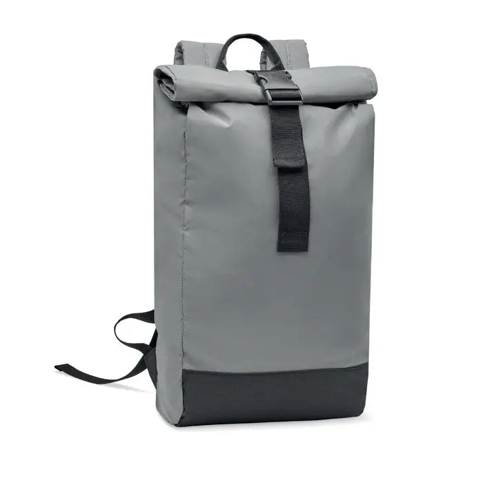 Rucsac reflectorizant rolltop gri cu accente negre si design minimalist pentru utilizare urbana