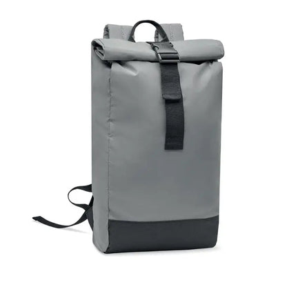 Rucsac reflectorizant rolltop gri cu accente negre si design minimalist pentru utilizare urbana