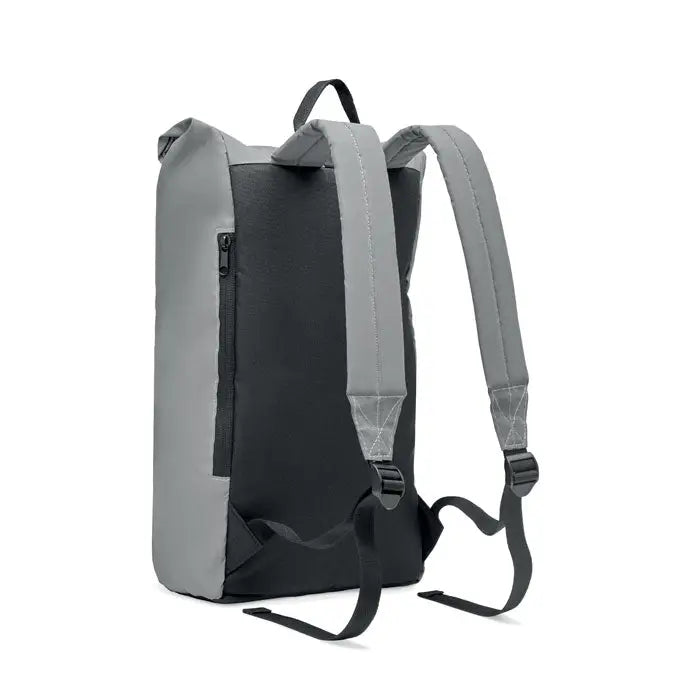 Rucsac reflectorizant rolltop gri și negru minimalist cu bretele reglabile pentru umăr văzut din spate