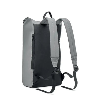 Rucsac reflectorizant rolltop gri și negru minimalist cu bretele reglabile pentru umăr văzut din spate
