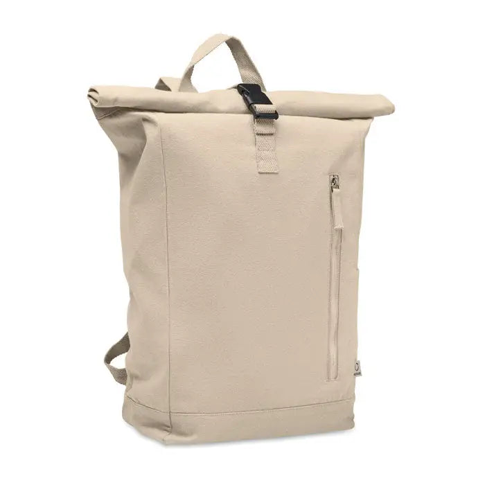Rucsac roll top bej din pânză 390 gr/m² cu cataramă neagră și fermoare pentru uz zilnic