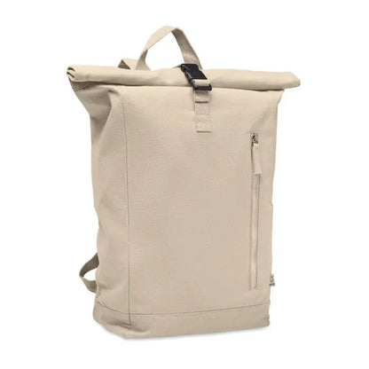 Rucsac roll top bej din pânză 390 gr/m² cu cataramă neagră și fermoare pentru uz zilnic