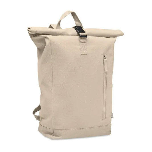 Rucsac roll top bej din pânză 390 gr/m² cu cataramă neagră și fermoare pentru uz zilnic
