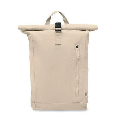 Beige rucsac roll top din canvas 390 gr/m² cu cataramă neagră și fermoar pentru uz zilnic