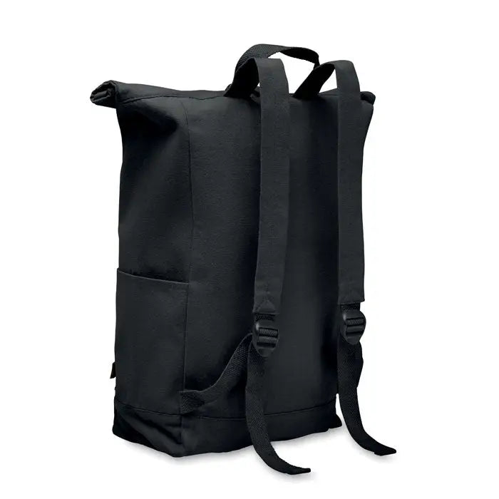 Rucsac roll top negru din pânză 390 gr/m² cu bretele ajustabile și buzunar lateral