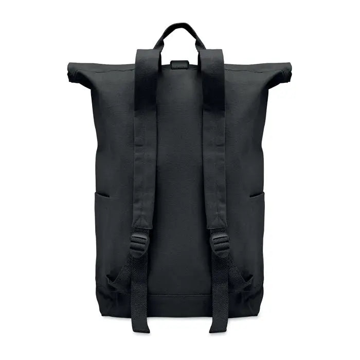 Rucsac roll top negru cu material rezistent 390 gr/m² și bretele reglabile pentru umăr