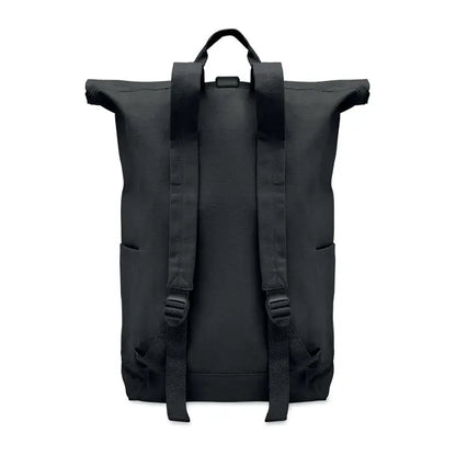 Rucsac roll top negru cu material rezistent 390 gr/m² și bretele reglabile pentru umăr