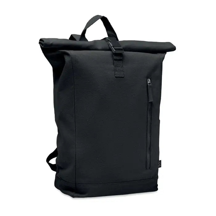 Rucsac roll top negru din material durabil 390 gr/m² cu design minimalist perfect pentru uz cotidian