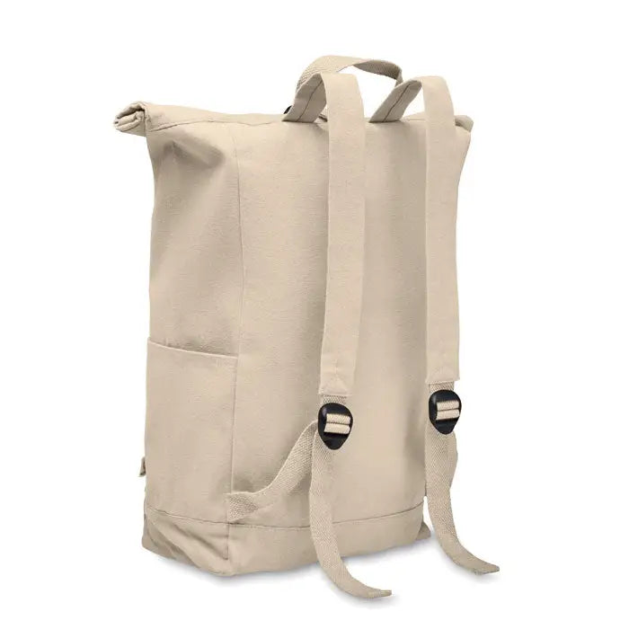 Rucsac roll top bej din pânză 390 gr/m² cu bretele reglabile și închizători negre cu clips
