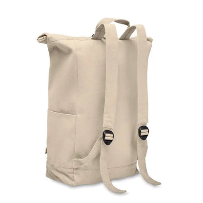 Rucsac roll top bej din pânză 390 gr/m² cu bretele reglabile și închizători negre cu clips