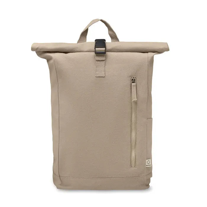 Rucsac roll top bej din pânză 390 gr/m² cu cataramă neagră și fermoare accentuate pentru uz zilnic
