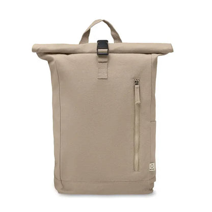Rucsac roll top bej din pânză 390 gr/m² cu cataramă neagră și fermoare accentuate pentru uz zilnic