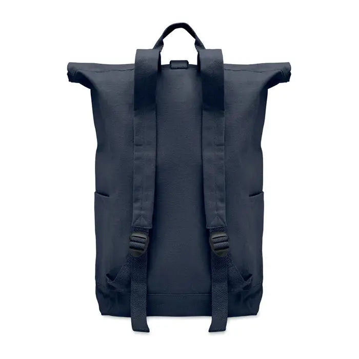 Rucsac roll top 390 gr/m² din pânză bleumarin închis cu bretele reglabile și buzunare laterale, vedere din spate