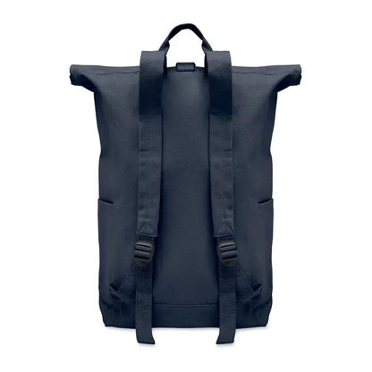 Rucsac roll top 390 gr/m² din pânză bleumarin închis cu bretele reglabile și buzunare laterale, vedere din spate