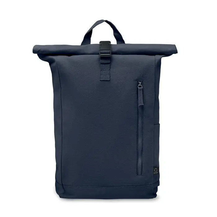 Rucsac roll top 390 gr/m² albastru navy din pânză cu fermoar și bretele negre pentru uz zilnic
