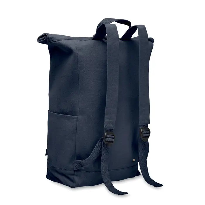 Rucsac roll top de pânză navy închis 390 gr/m² cu bretele reglabile și buzunar lateral