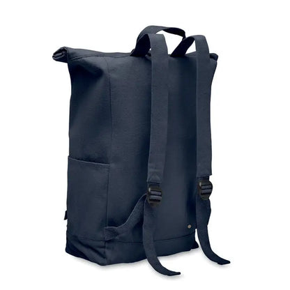 Rucsac roll top de pânză navy închis 390 gr/m² cu bretele reglabile și buzunar lateral