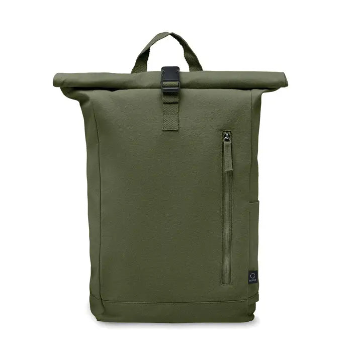 Rucsac roll top olive green din pânză 390 gr/m² cu fermoar și catarame negre