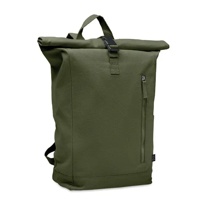 Rucsac roll top olive green din pânză 390 gr/m² cu bretele negre și fermoare accentuate