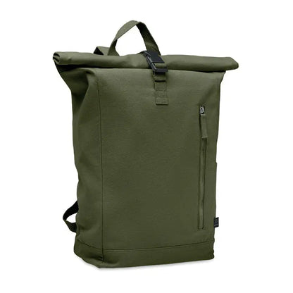Rucsac roll top olive green din pânză 390 gr/m² cu bretele negre și fermoare accentuate